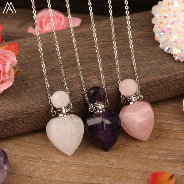 

natural white jades roses amethysts quartz heart shape perfume bottle pendant necklace elegant women essential oil vial jewelry, Silver
