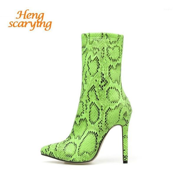 

boots 2021 spring winter women lime green thin high heels serpentine ankle designer neon snake print exotic big size shoes1, Black