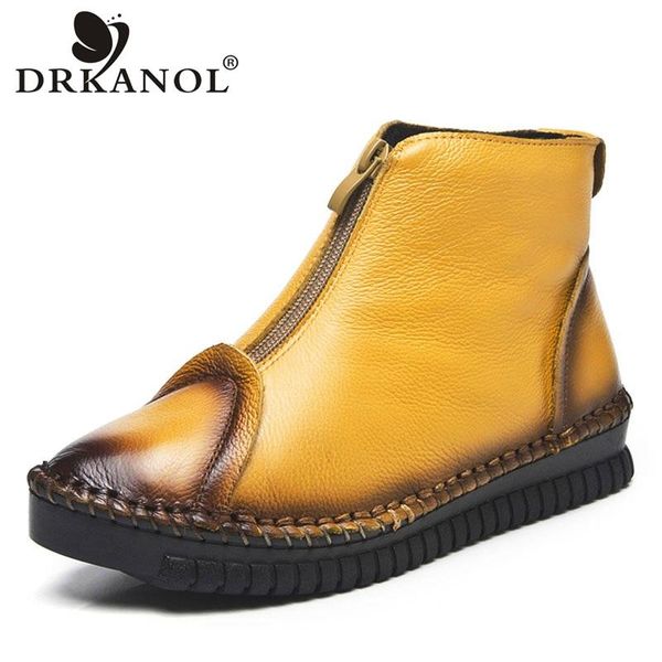 

drkanol 2020 autumn winter front zipper women snow boots handmade genuine leather flat ankle boots for women winter warm shoes, Black