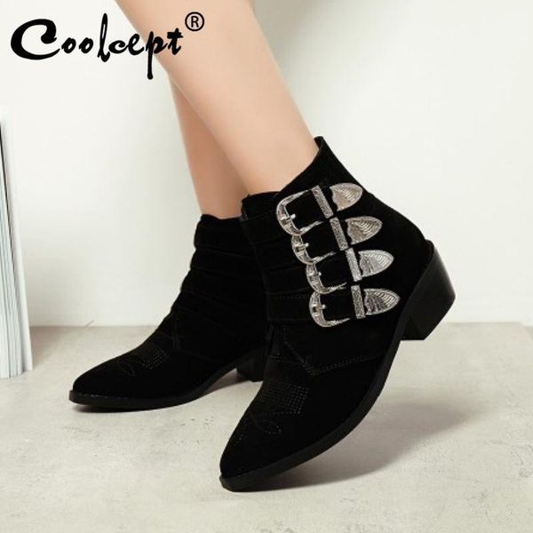 

coolcept new women ankle boots genuine leather buckle thick heel woman winter shoes cool fashion short boots women size 34-421, Black