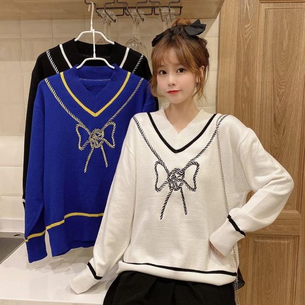 

sweet sweaters women bow knitted sweater women's sweater pullovers v neck elegant loose long sleeve sweaters winter, White;black