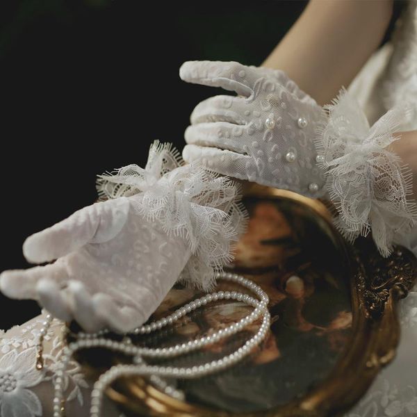 

glamour ivory ruffled lace short wedding gloves wrist length lace pearls party mittens wedding bridal gloves for women ladies h sqcyog, White