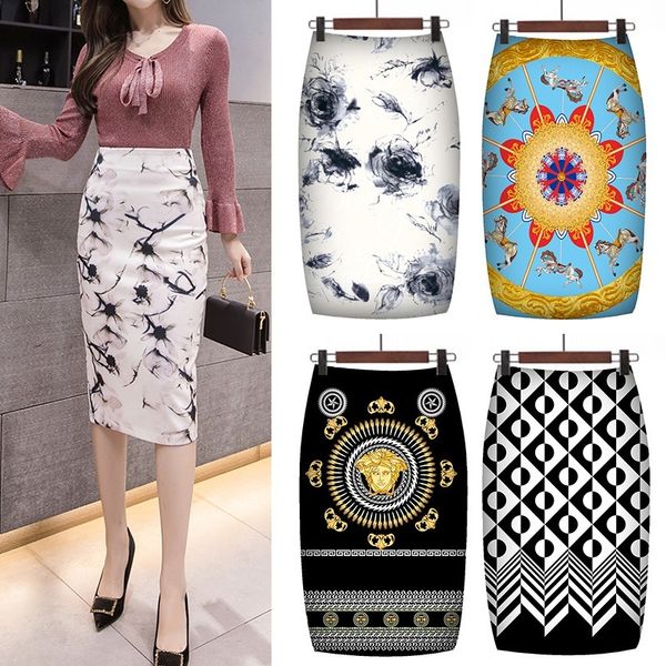 

ready stock fashion elegant floral print high waist stretch pencil skirts womenhigh stretch pencil skirts fashion digital printing, Black