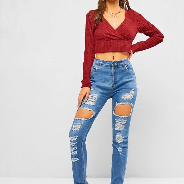 

2020 new perforated elastic small leg jeans pants for women, Blue