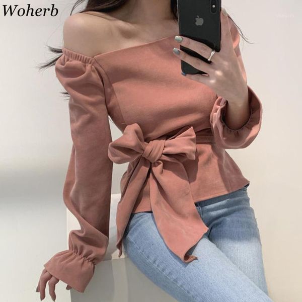 

woherb off shoulder blouse women ruched puff sleeve blouses female sweet bow lace up blusas casual shirts long sleeve 20201, White