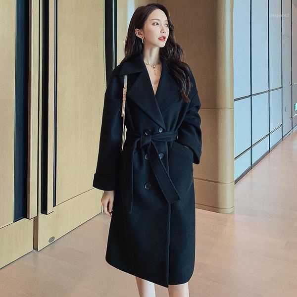 

autumn winter new women's casual wool blend trench coat double breasted long coat with belt1, Black