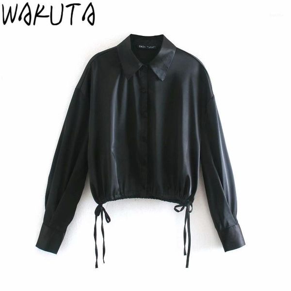 

wakuta autumn wild black lace up women blouses simple elegant lace up hem womens blouse 2021 chic new casual loose black1, White