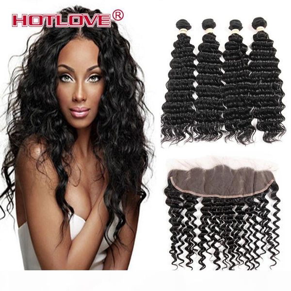 

mongolian virgin hair deep wave ear to ear lace frontal closure with 4 bundles human hair with 13x4 lace frontal deep curly, Black;brown