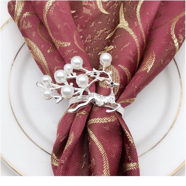 

6/10pcs christmas elk pearl napkin ring silver gold rosegold metal hollow carving napkin holder party festiv jllcjn