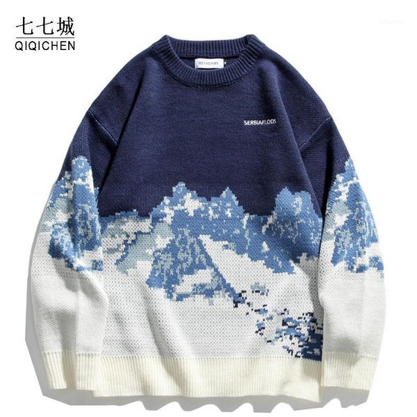 

2020 mens hip hop streetwear knitted sweater embroidery vintage snow sweater cotton harajuku casual pullover couple1, White;black