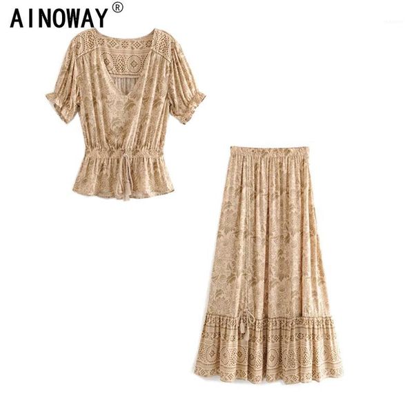 

vintage chic women two piece floral print short sleeve bohemian elestic waist skirts 2 pieces rayon cotton boho sets1, White