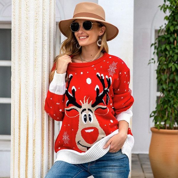 

winter christmas deer sweaters woman long knitted warm sweater casual streetwear o neck long sleeve sweater winter clothes1, White;black
