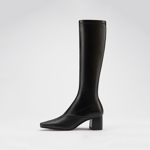 

2021 the new street style square toe natural leather high-fashion knee-boots black zipper mid-heels robust riding boots women's shoes r
