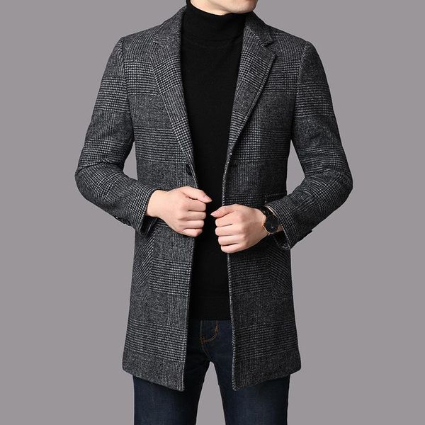 

autumn and winter new plaid woolen coat men's youth british business suit single side lining wool coat, Black