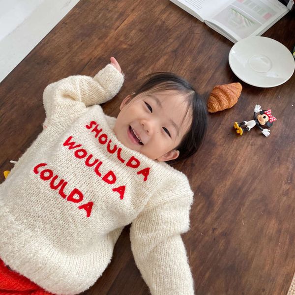 

korean children's embroidered letter boys mqd and girls' solid color pullover sweater, Blue