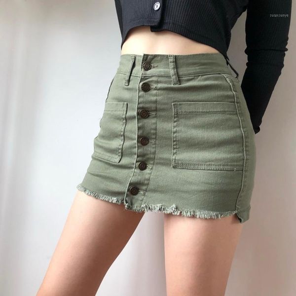 

summer new denim vintage solid color tassel double layer skirt mini girl female button high waist elasticity skirt zx031, Black