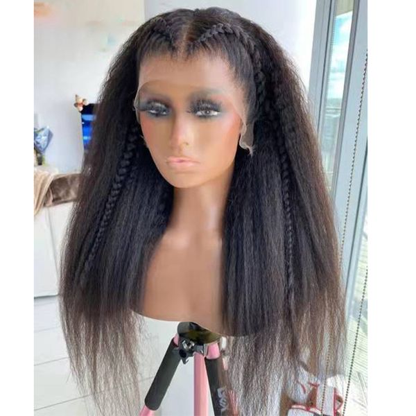 

natural looking yaki 180 density kinky straight lace front wig for women black with babyhair preplucked glueless daily cosplay 26 inch long, Black;brown