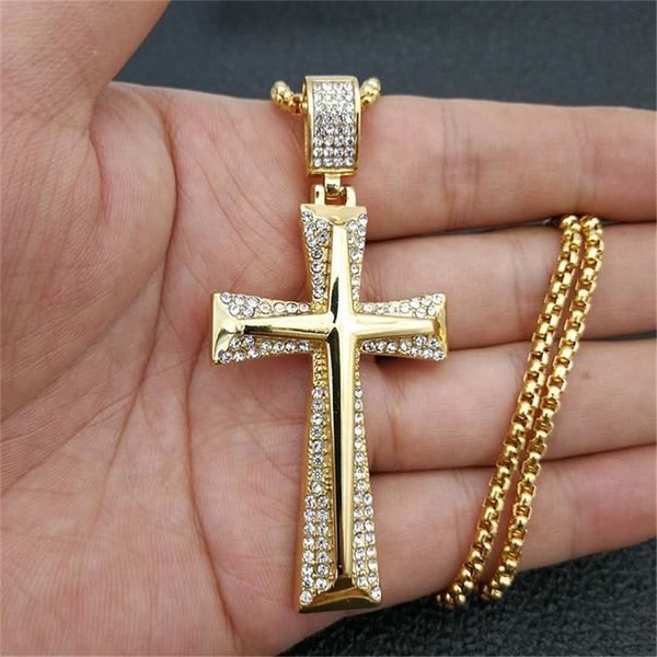 

hip hop stainless steel knight cross pendant necklace mens gold color box chain paved rhinestones necklace male jewelry gift 201013, Silver