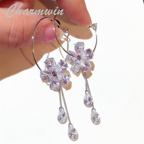 

hoop & huggie charmwin fashion earrings long for women statement cubic zirconia flower tassel women1, Golden;silver