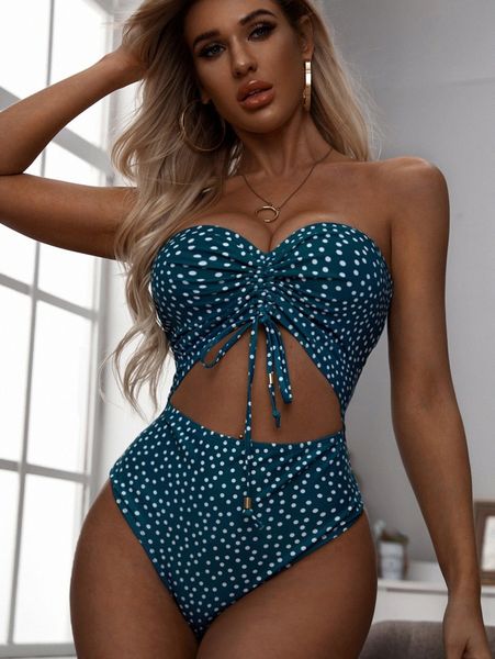

polka dot random print drawstring one piece swimsuit w8fy#, White;black