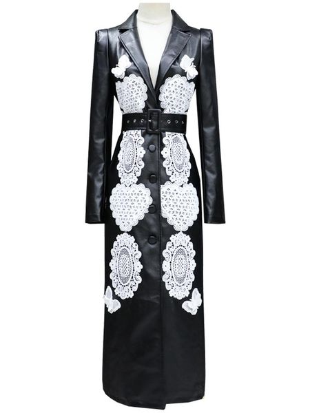 

fashion women's appliques embroidery leather jackets female x-long locomotive windproof leather coat with belt f2401, Black