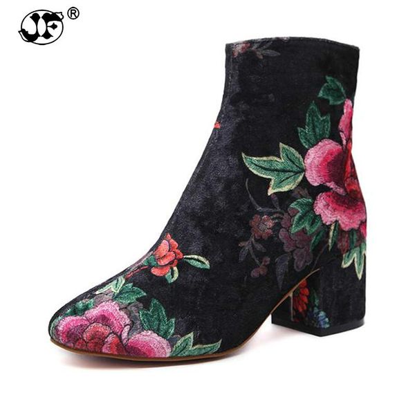 

boots women's autumn winter printing woman streetwear high corduroy velvet ankle bootie pump heels 993, Black