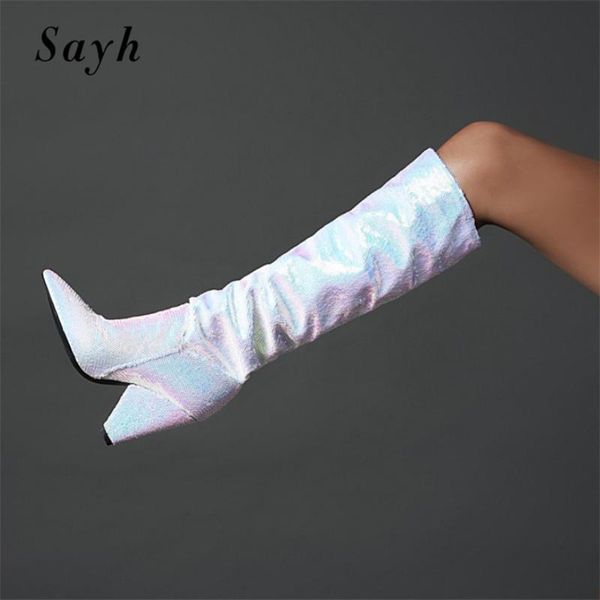 

winter woman knee high boots shiny sequins pleated pointed toe chunky heels boots fashion nightclub thigh high shoes, Black