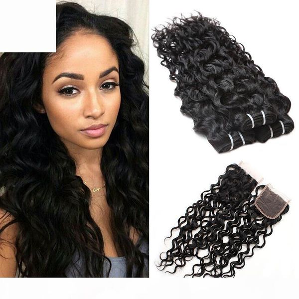 

brazilian water wave bundles with closure wet and wavy brazilian virgin hair extensions with lace closure unprocessed remy human hair weave, Black