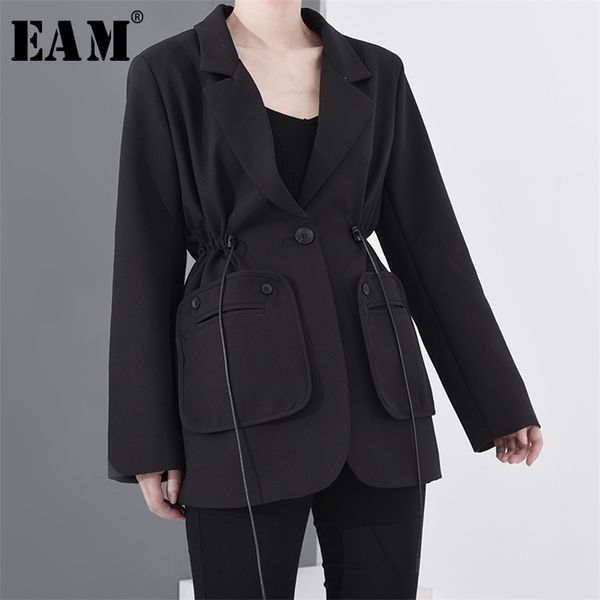

[eam] women black drawstring big size blazer new lapel long sleeve loose fit jacket fashion tide spring autumn 2020 lj201021, White;black