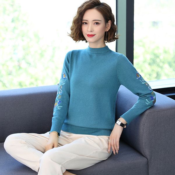 

2021 round turtleneck sweater new autumn embroidered flower mends versatile temperament sleeve knitted shirt bottom gme1, White;black