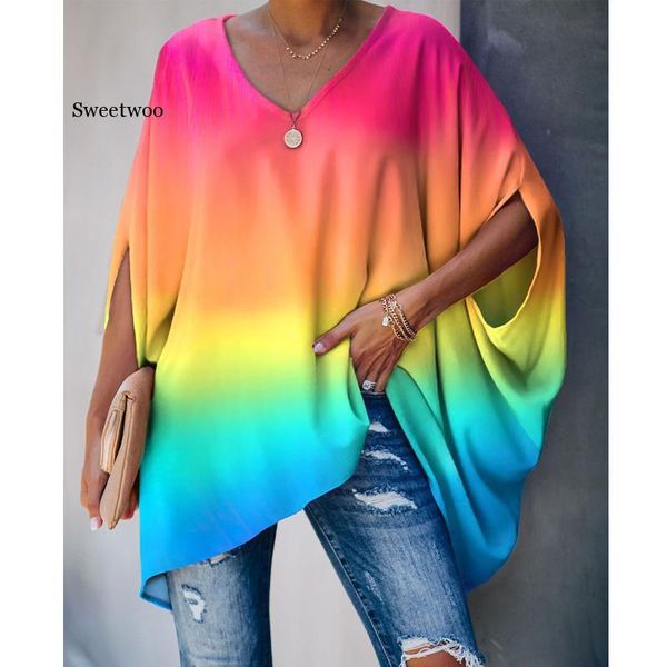 

new trendy women summer loose blouse tie dye print colorblock batwing sleeve casual blouse, White