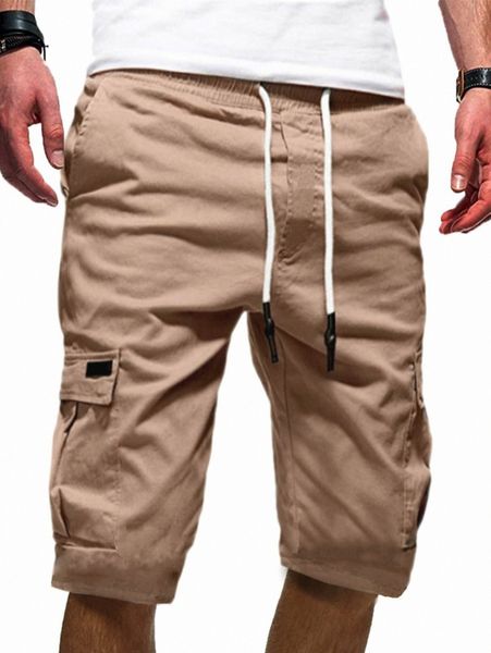 

men flap pocket drawstring waist shorts m34e#, Black