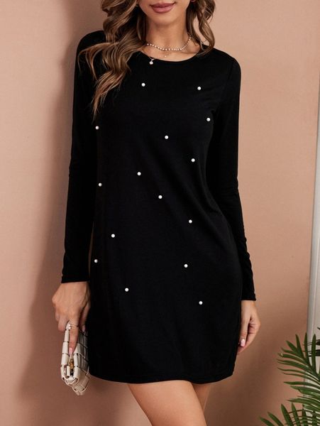 

pearls detail round neck dress 11ya#, Black;gray