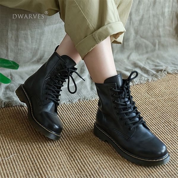 

handmade classic martin boots women genuine leather lace-up oxfords round toe chunky ankle booties black lj201030