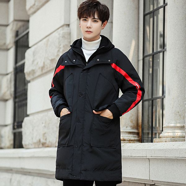 

19 winter new men's mid long slim coat korean youth windbreaker thickened leisure warm cotton padded jacket, Tan;black