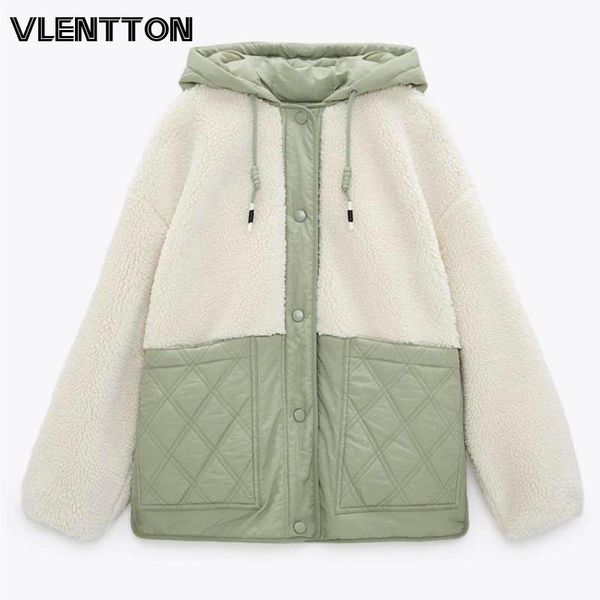 

2021 winter women warm lambswool hooded jackets coat fashion patchwork pockets overcoats female casual loose outwear ladies, Black;brown
