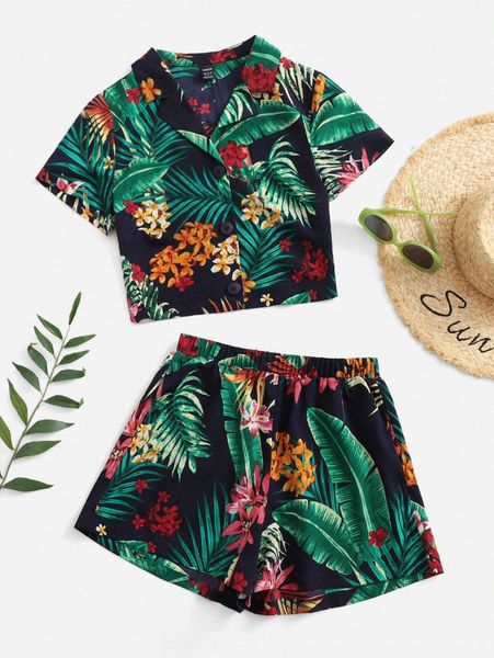 

tropical print blouse and shorts set 07sf#, White