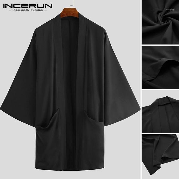 

incerun 2020 fashion men trench cardigan open stitch cloak capes man loose long sleeve solid color punk long coats streetwear1, White;black