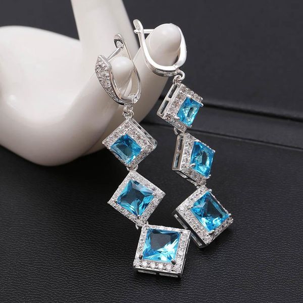 

dangle & chandelier long earrings for women fashion white blue three square cz stone crystal drop pendientes jewelry l4e210, Silver