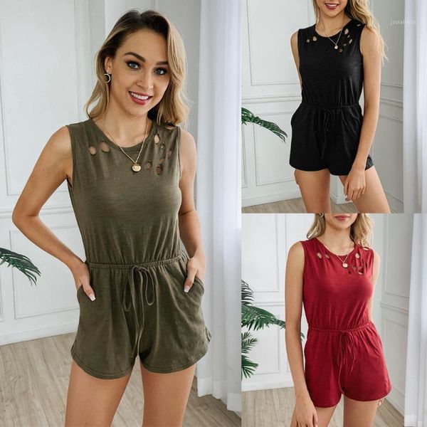 

women's jumpsuits & rompers selling 2021 summer fashion round neck pocket lace-up button women's siamese trousers1, Black;white