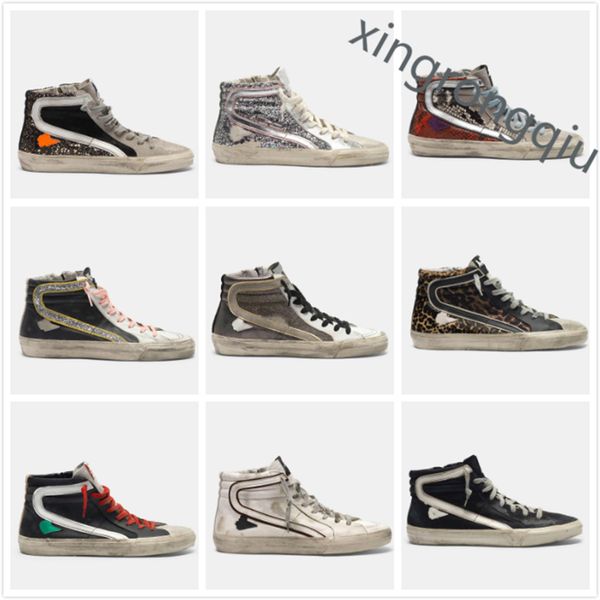 

italy deluxe brand slide sneakers high shoe golden sneakers classic leopard do-old dirty shoe goose designer women man leather casual shoes, Black