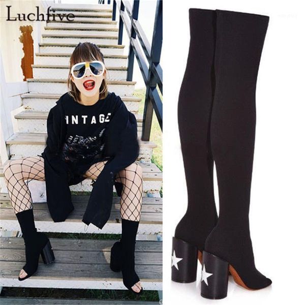 

fall new designer peep toe stock boots stretch suede over the knee long boots womens chunky high heels thigh high1, Black