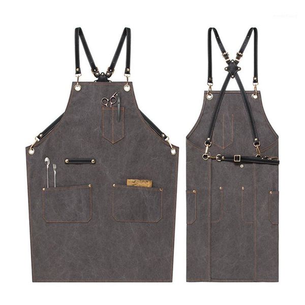 

canvas apron cowhide leather strap barista bartender baker uniform barber florist hairdresser gardener painter work wear e461