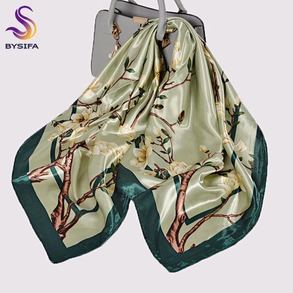 

New Green Satin Square Scarves Printed Women Magnolia Luxury Silk Scarf Shawl Autumn Winter Neck Scarves Muslim Ladies Hijabs, Blue;gray