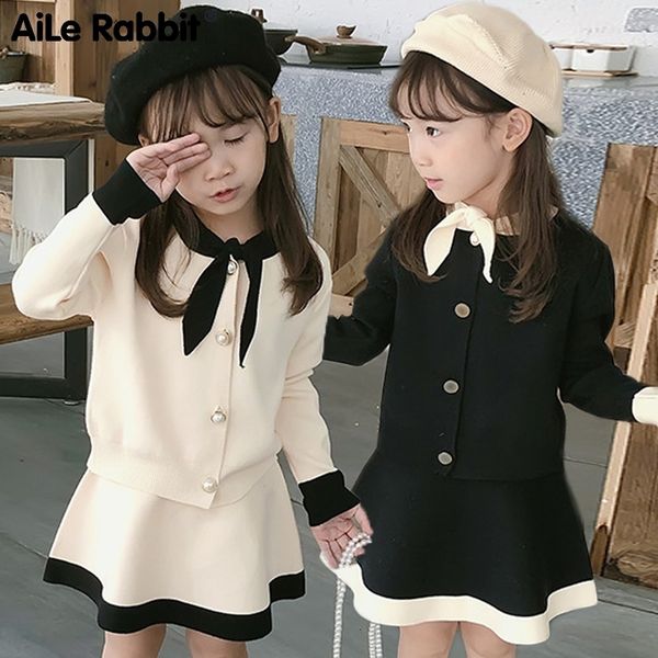 

girls fashion set knit sweater jacket skirt 2 piece set elegant princess celebrity suit autumn new arrival set for girls y200325, White