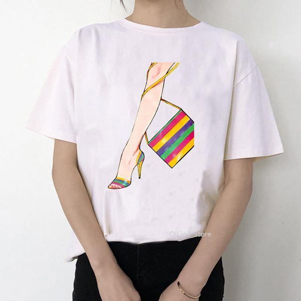 

watercolor high heels shoes print vogue t shirt summer femme t shirt women 90s punk shirt hip hop hipster streetwear, White