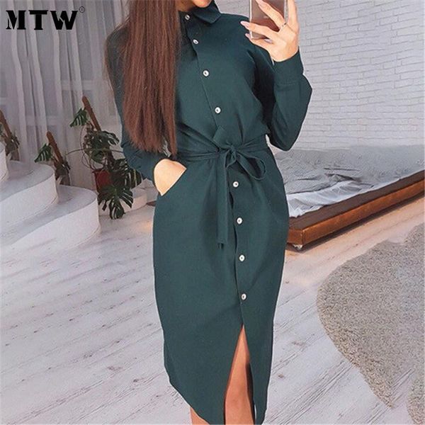 

autumn women shirt dress elegant office dresses 2020 casual solid long sleeve turn-down collar button dress, Black;gray