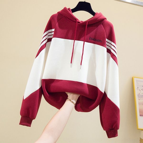 

gokhf high waist-shrinking space cotton mid-length quality thickened women's contrast stitching color hooded sweatersweater sweater loo, Black