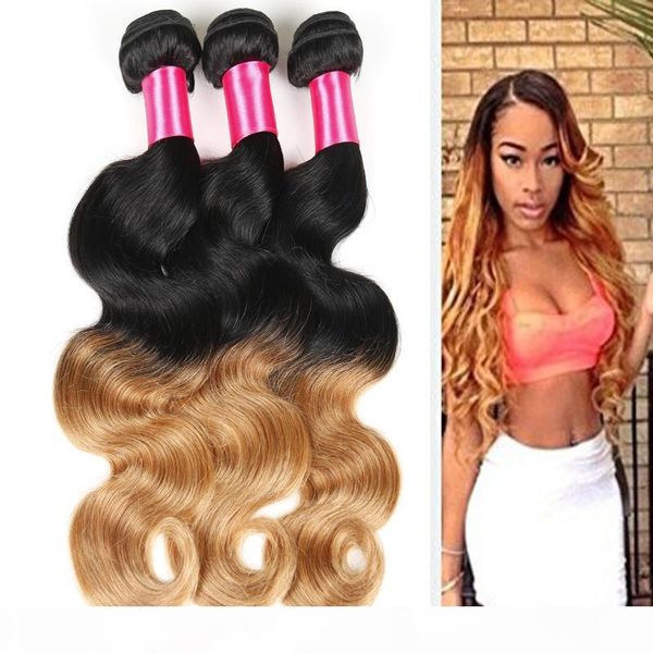 

brazilian virgin hair ombre and natural color #1b #27 3 4pcs lot brazilian body wave human hair extension grade 7a ing, Black