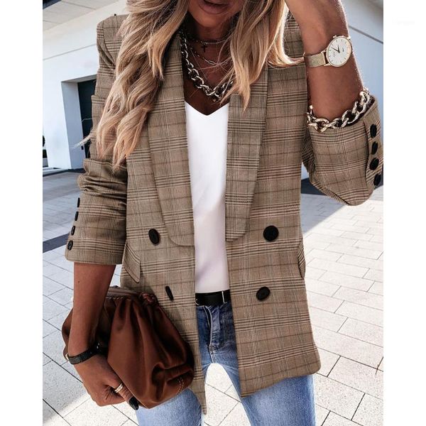 

2020 new shawl collar plaid casual blazer women blazer coat elegant office ladies work wear autumn winter long sleeve d301, White;black